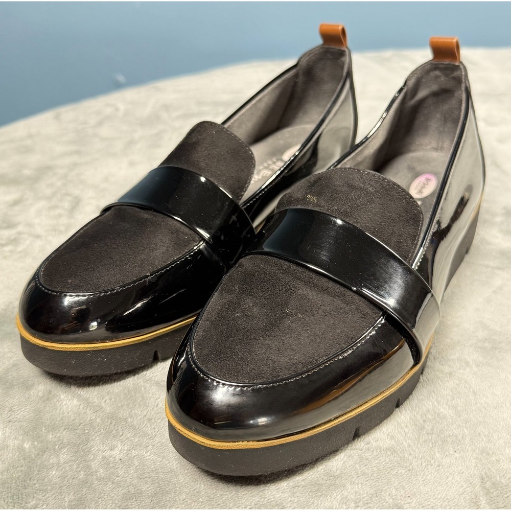 Dr Scholls Loafers Womens 8.5 Black Patent Leather Suede Platform